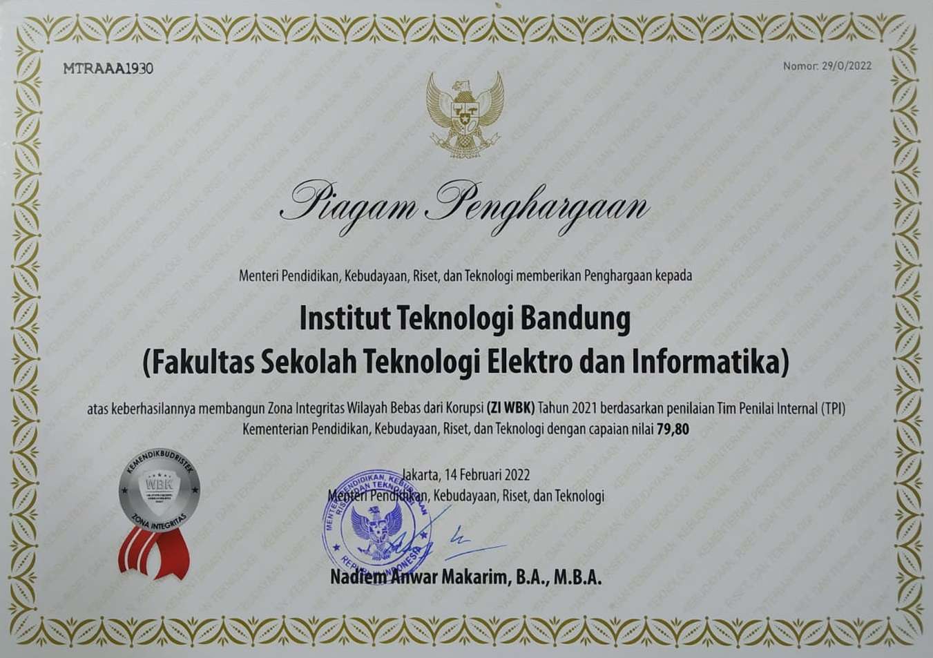 STEI ITB Mendapat Penghargaan atas Pembangunan Zona Integritas