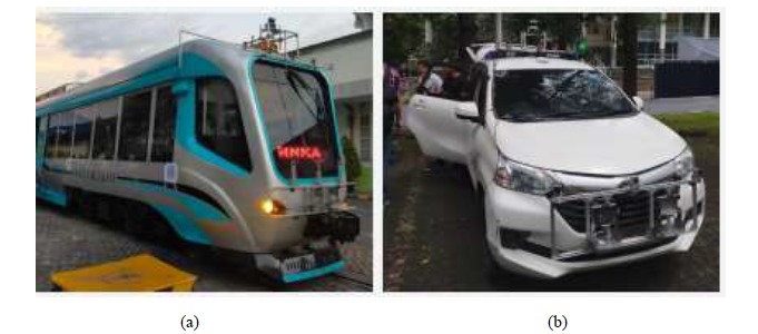 Gambar 3. Gambar sebelah kiri penempatan sensor pada trem, sebelah kanan penempatan sensor pada kendaraan testbed