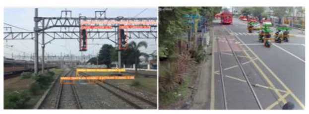 Gambar 4. Deteksi objek pada video yang ditangkap oleh kamera dengan menggunakan deep learning, gambar sebelah kiri mengenali rambu perkeretaapian, gambar sebelah kanan mengenali objek-objek yang ada di sekitar trem